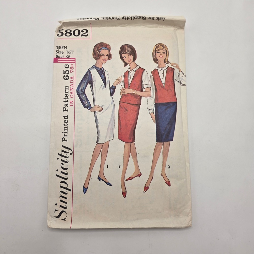 Simplicity 5802 Sewing Pattern 1964 Teen Jumper Blouse Skirt Mod 60s Wardrobe 16